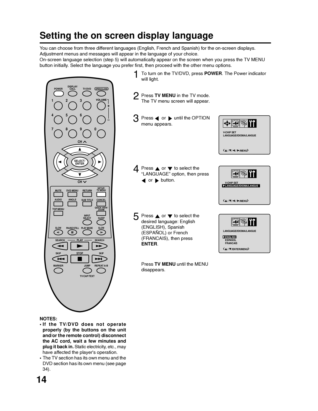 RCA 9V400TD manual Setting the on screen display language, Enter 