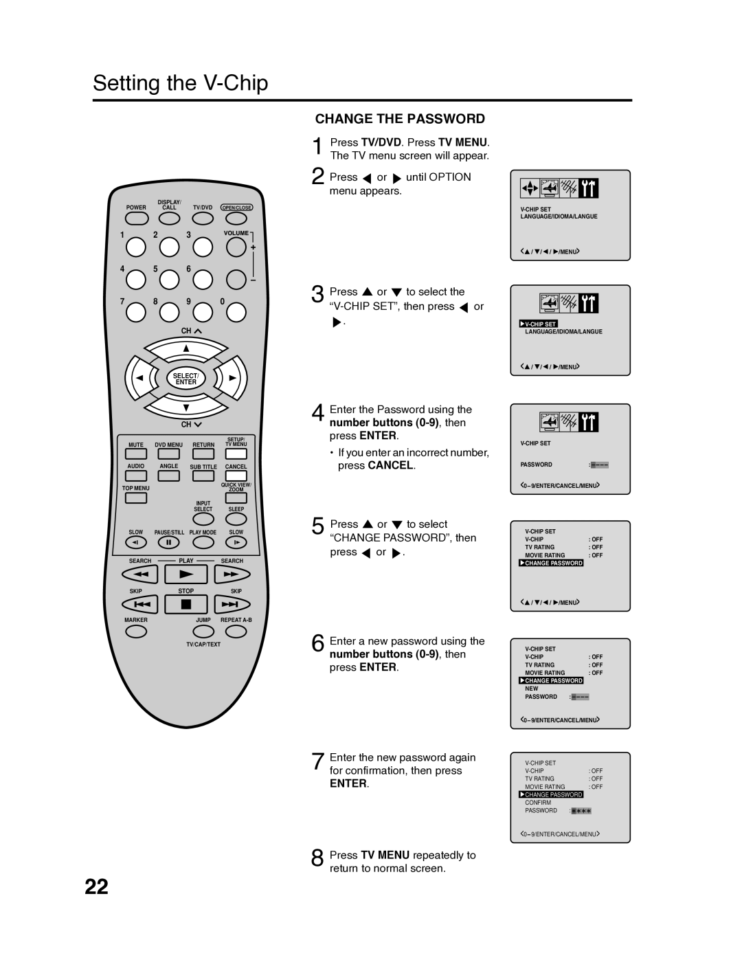 RCA 9V400TD manual Change the Password, Number buttons 0-9, then press Enter 