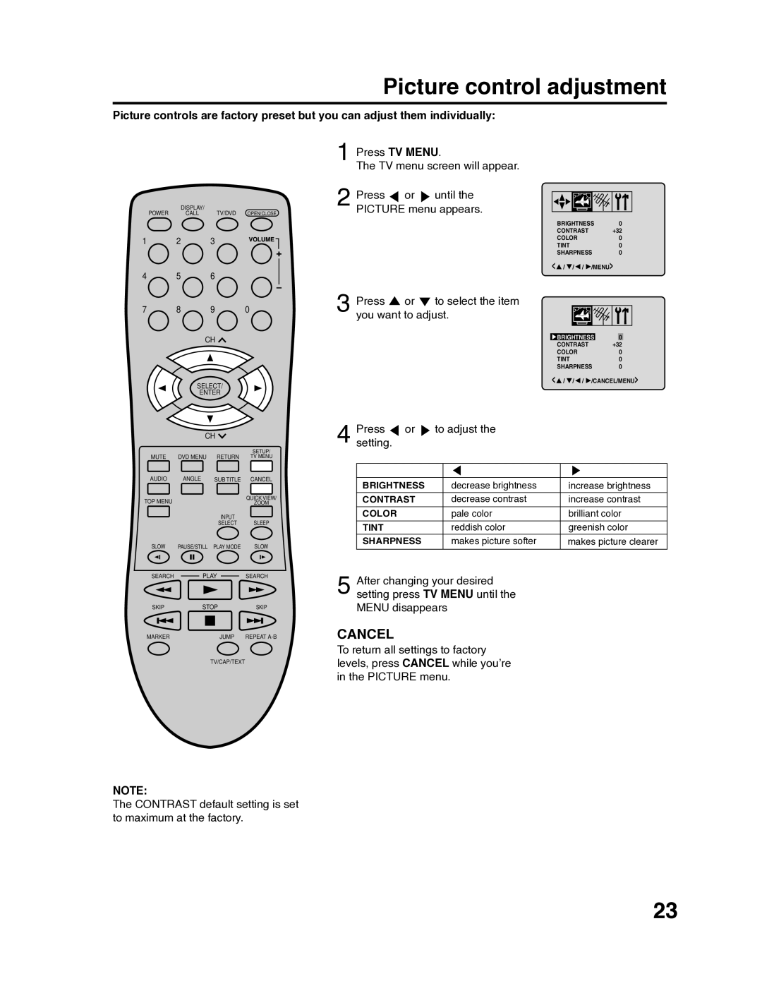 RCA 9V400TD manual Picture control adjustment, Cancel 