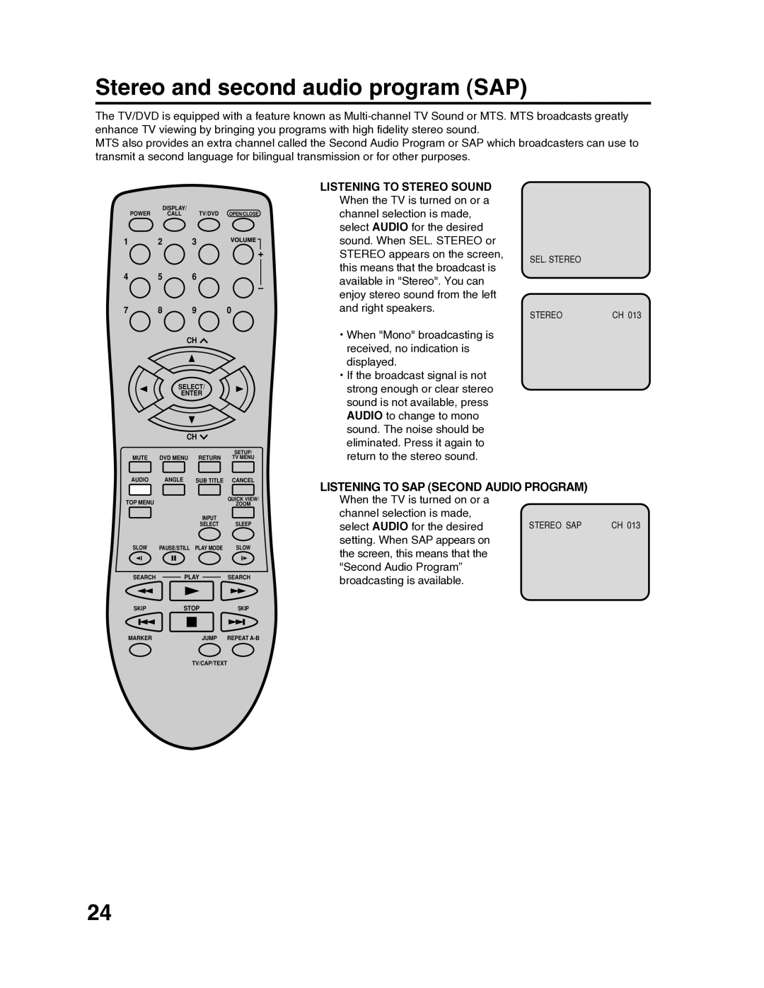 RCA 9V400TD manual Stereo and second audio program SAP, Listening to SAP Second Audio Program 