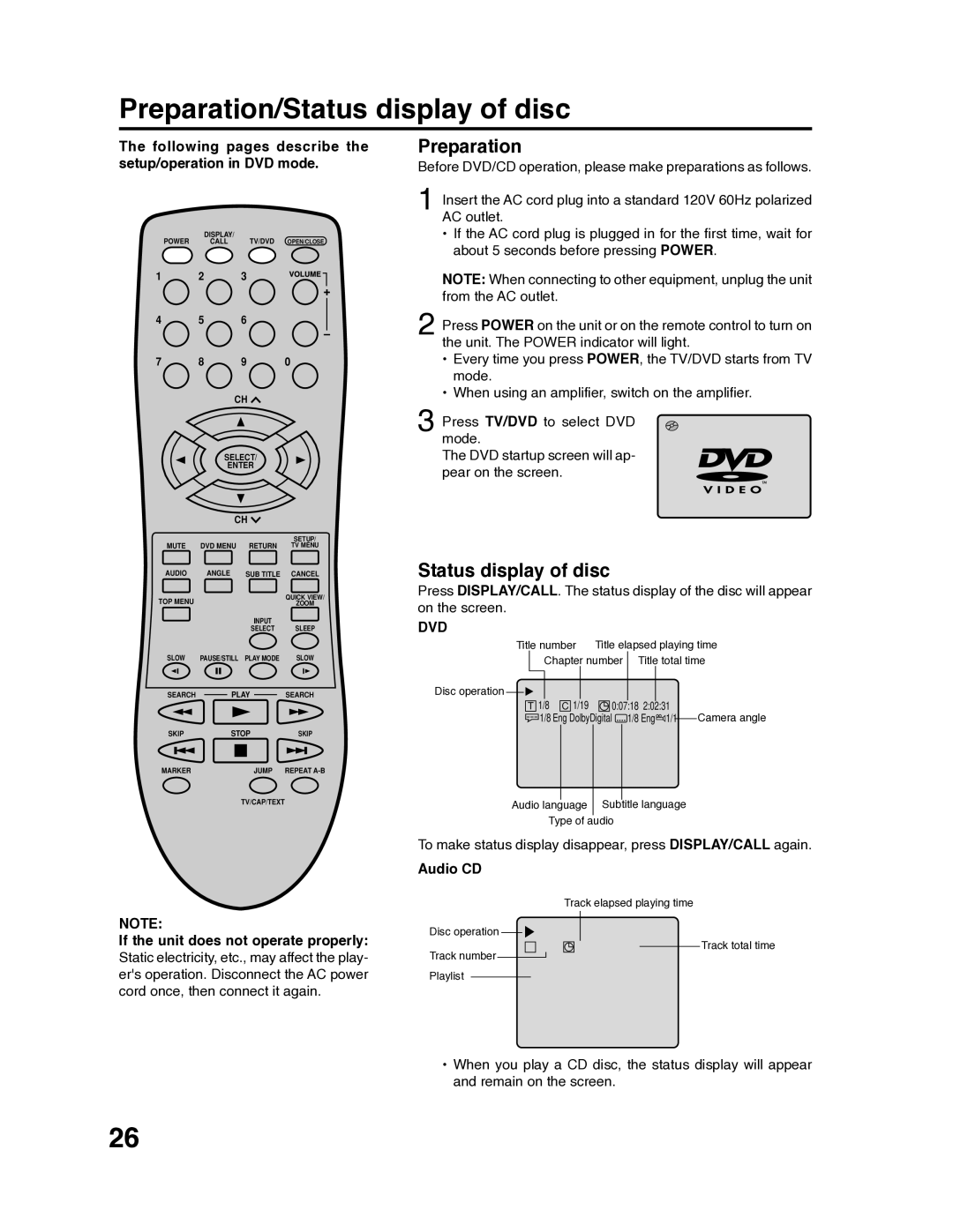 RCA 9V400TD Preparation/Status display of disc, Following pages describe the setup/operation in DVD mode, Dvd, Audio CD 