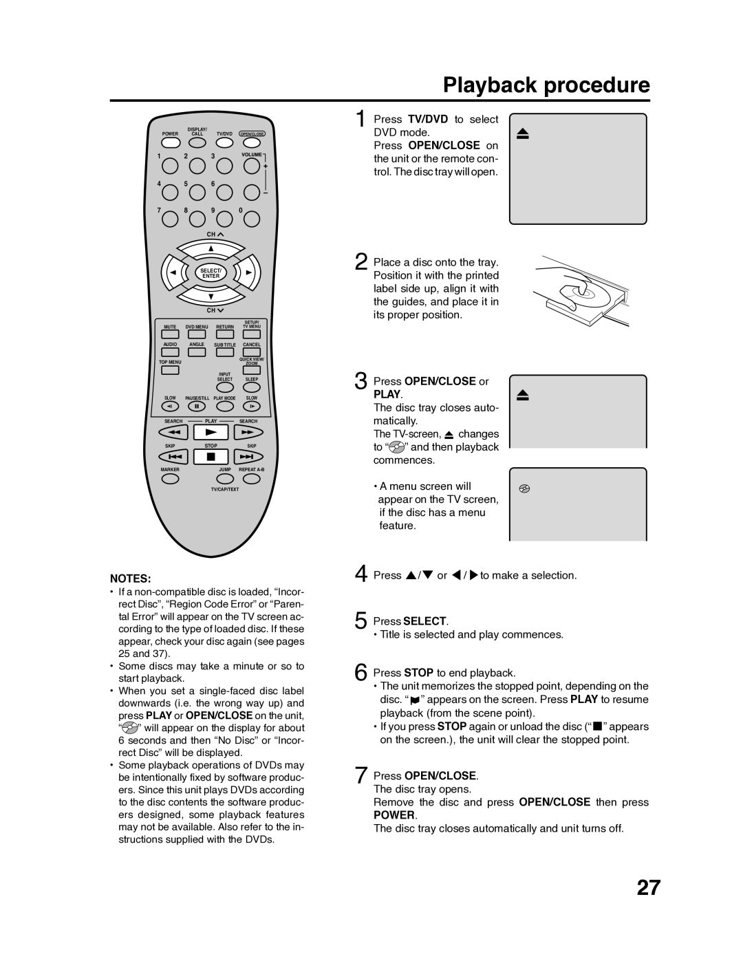 RCA 9V400TD manual Playback procedure, Press OPEN/CLOSE or, Press OPEN/CLOSE. The disc tray opens 