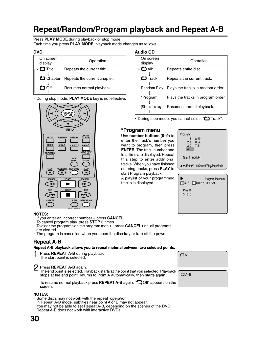 RCA 9V400TD manual Repeat/Random/Program playback and Repeat A-B, Dvd, Audio CD, Use number buttons 0-9 to 