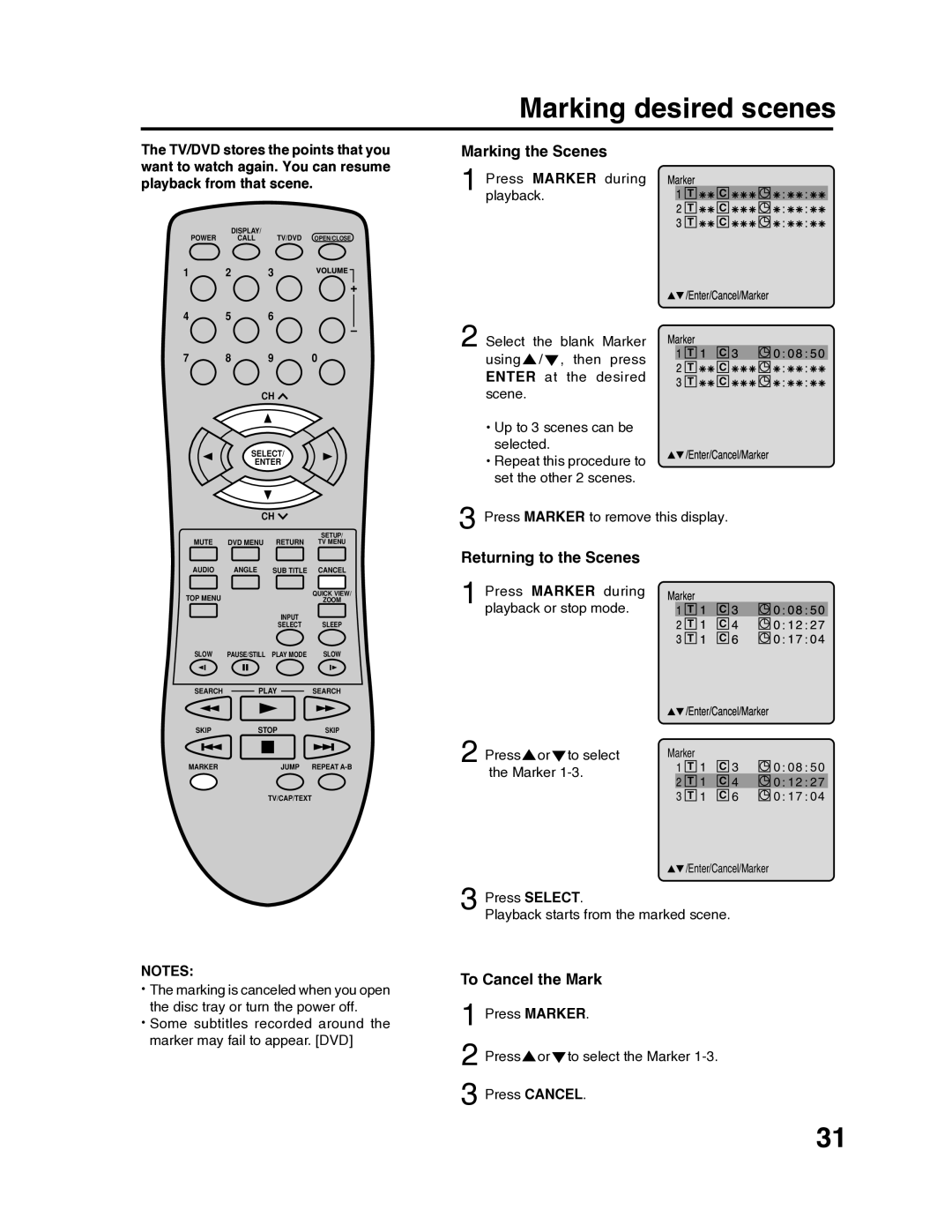 RCA 9V400TD manual Marking desired scenes, Marking the Scenes, Returning to the Scenes, To Cancel the Mark 