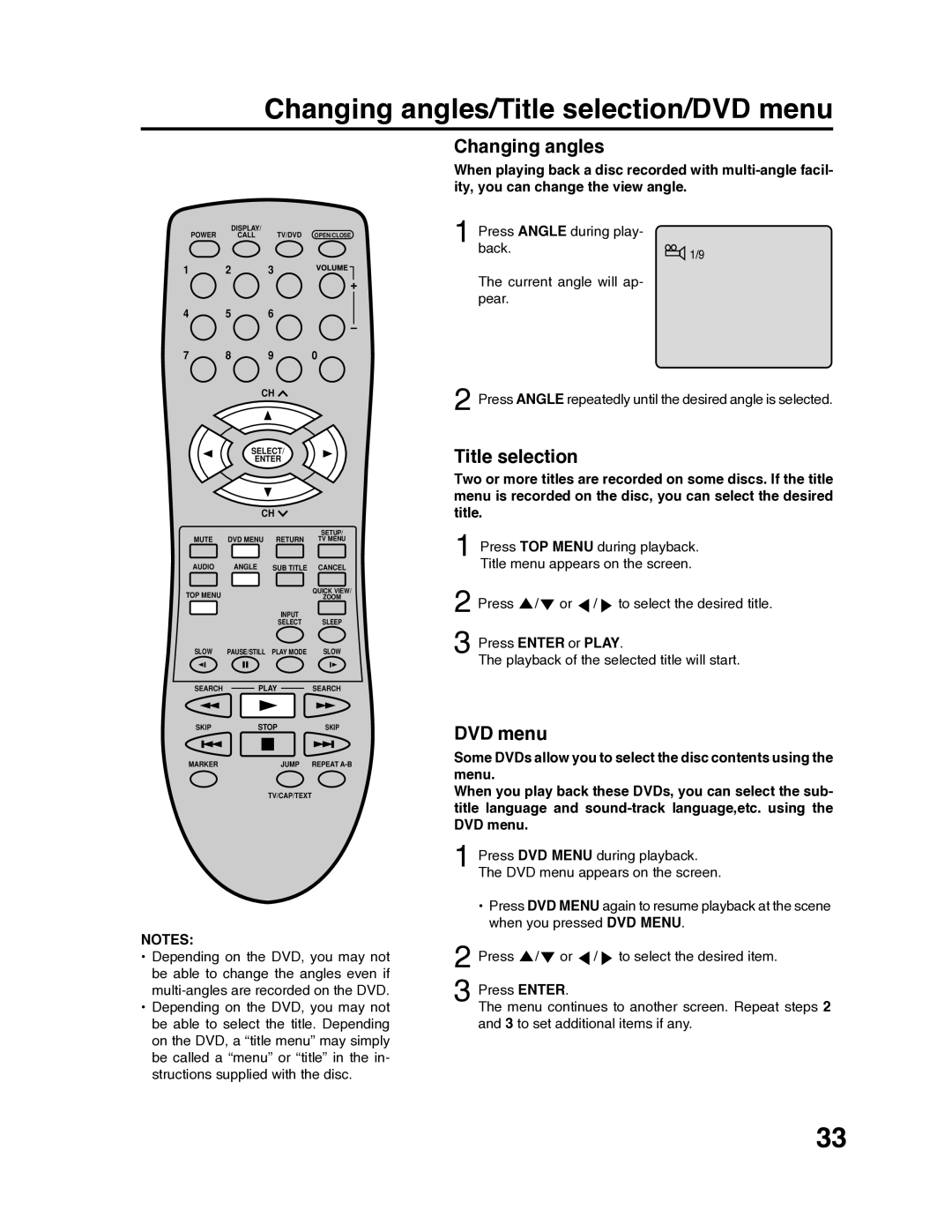 RCA 9V400TD manual Changing angles/Title selection/DVD menu 