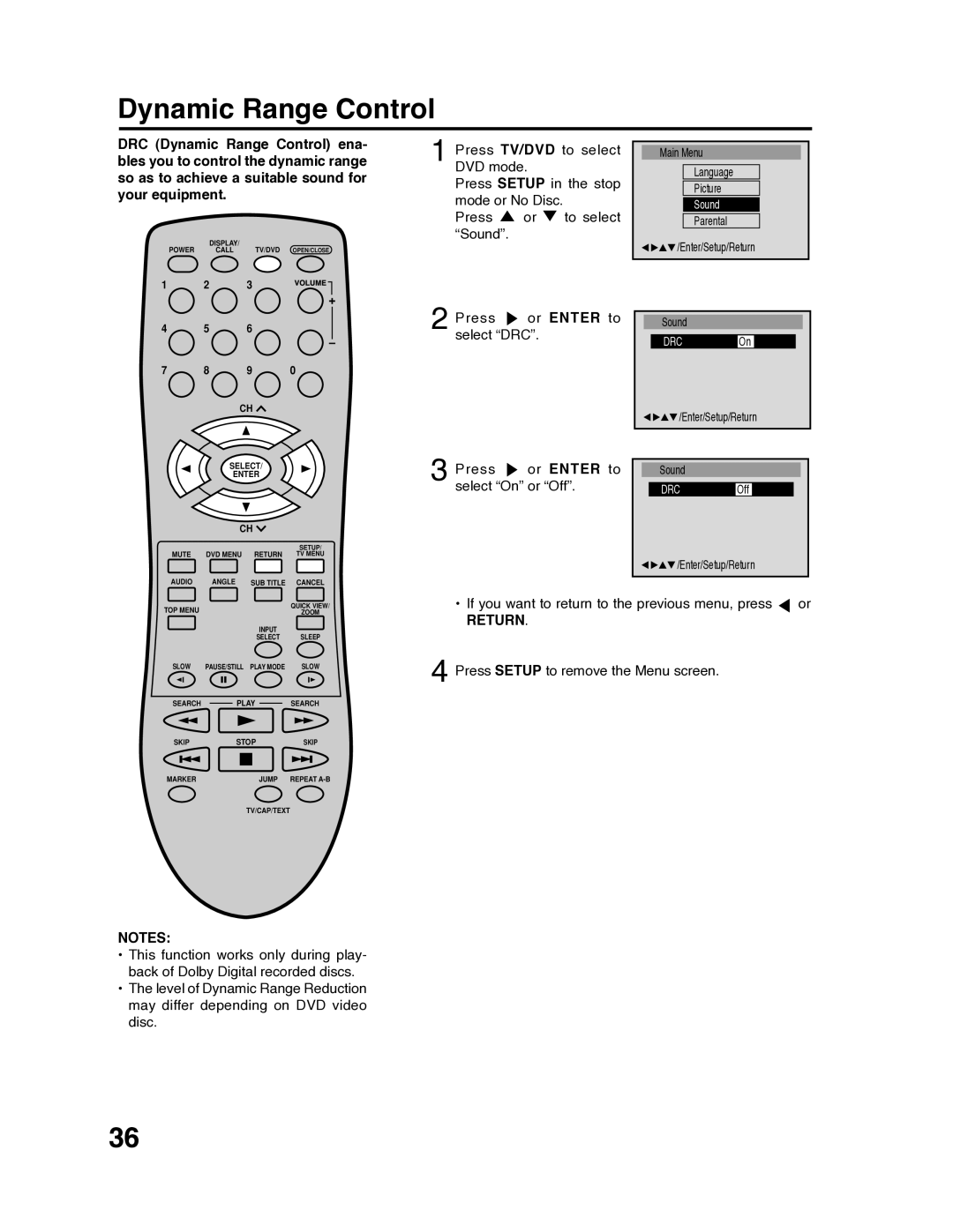 RCA 9V400TD manual Dynamic Range Control, Press or Enter to select DRC 