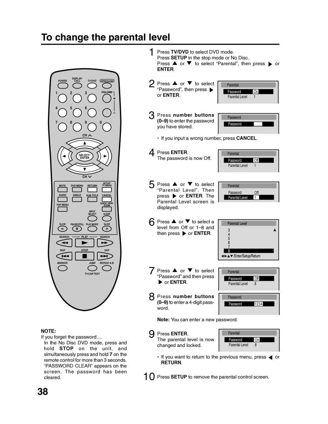 RCA 9V400TD manual To change the parental level, Press number buttons 