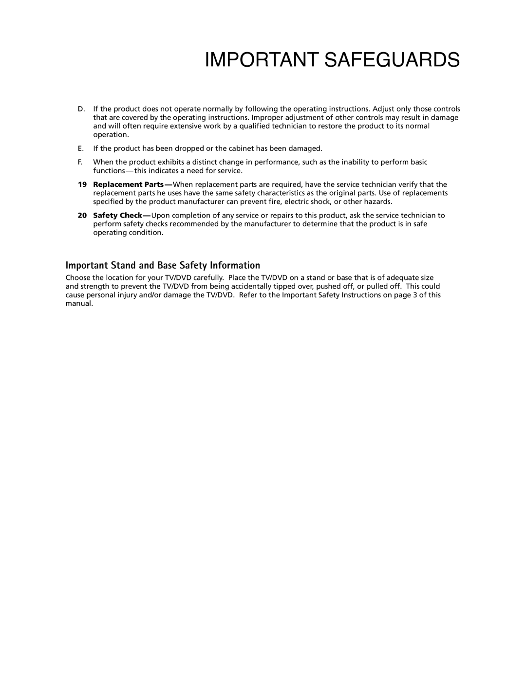 RCA 9V400TD manual Important Stand and Base Safety Information 