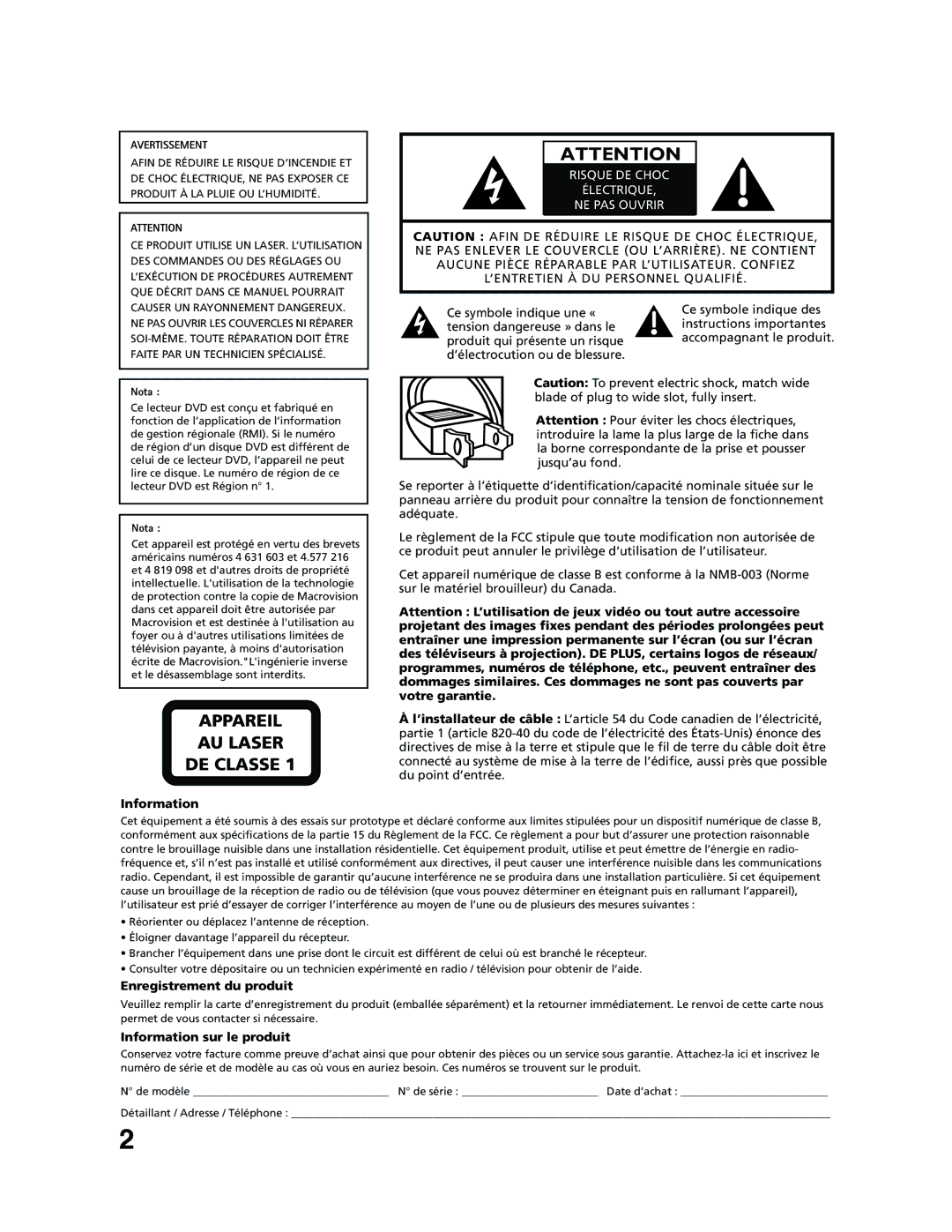 RCA 9V400TD manual Appareil AU Laser DE Classe 