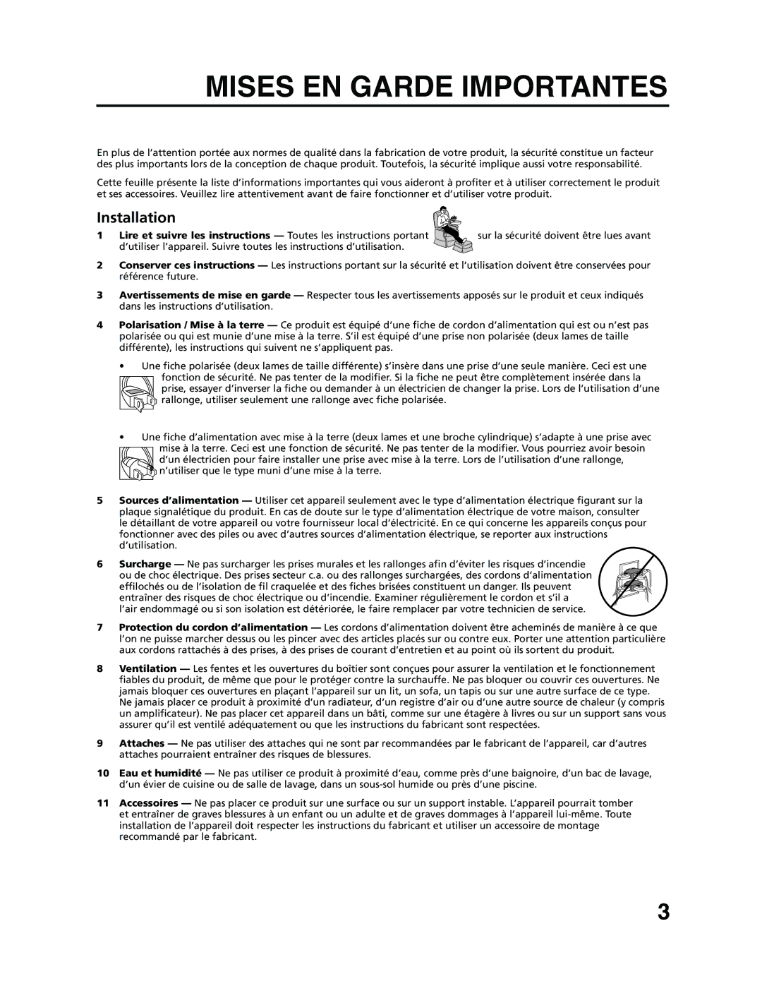 RCA 9V400TD manual Mises EN Garde Importantes 