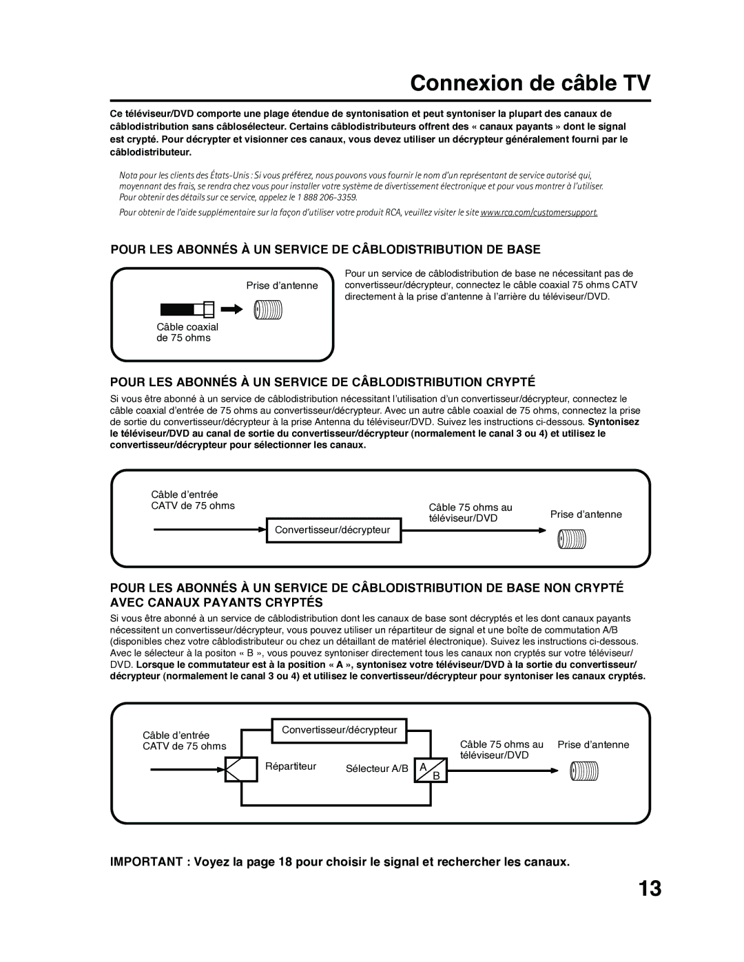 RCA 9V400TD manual Connexion de câble TV, Pour LES Abonnés À UN Service DE Câblodistribution DE Base 