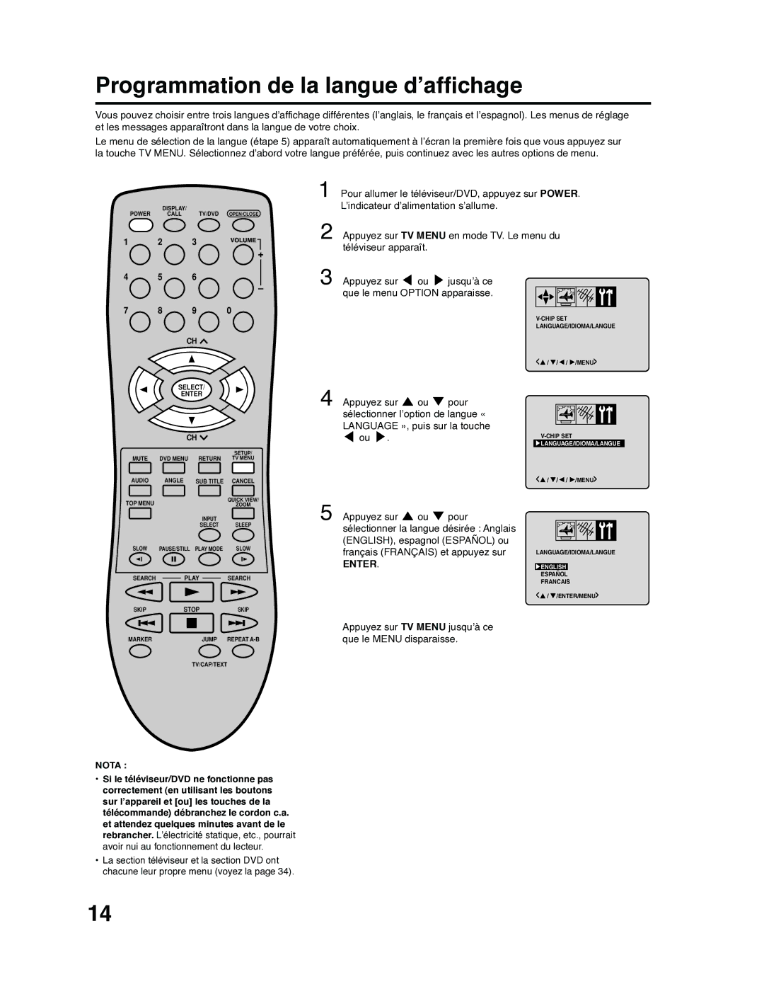 RCA 9V400TD manual Programmation de la langue d’affichage, Enter 