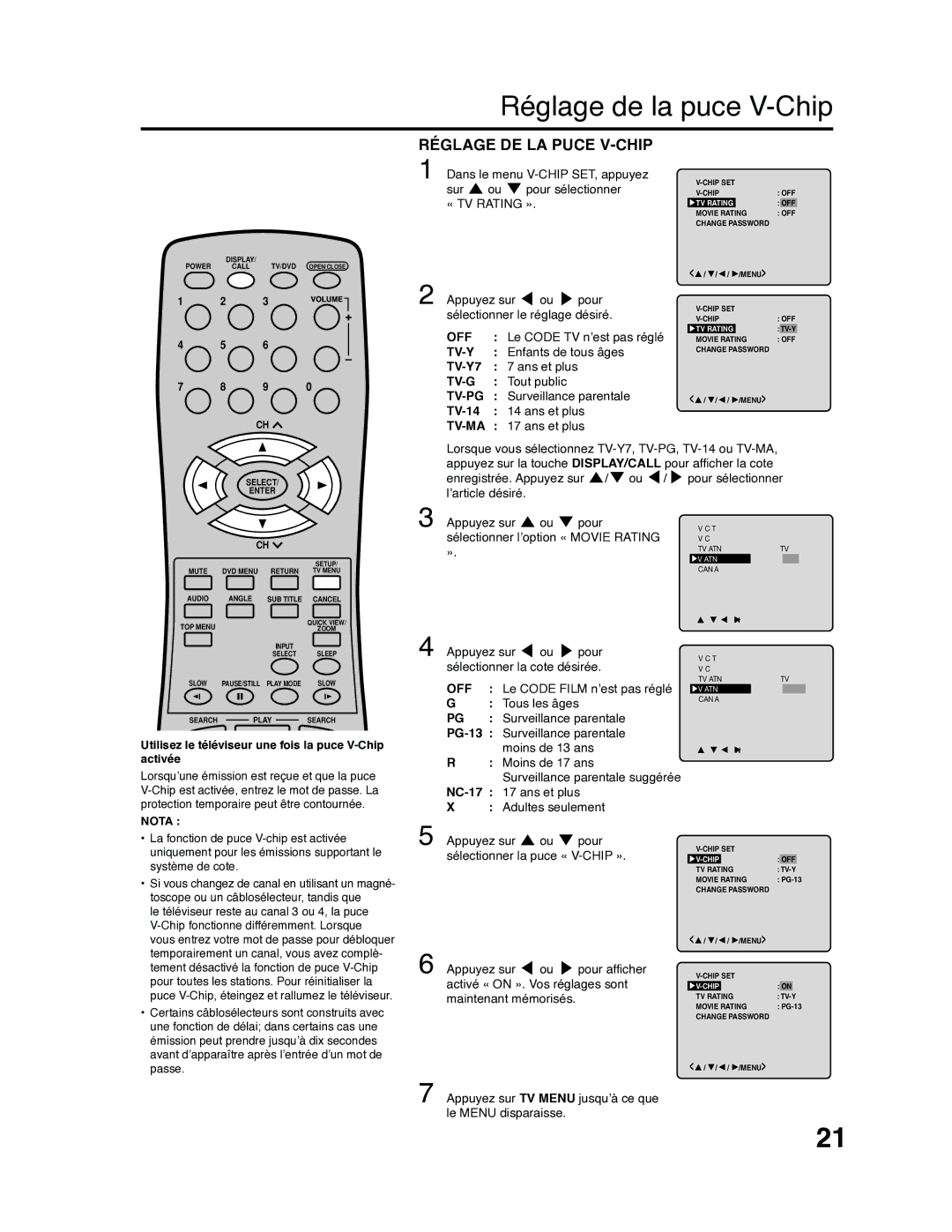 RCA 9V400TD manual Réglage de la puce V-Chip, Réglage DE LA Puce V-CHIP 