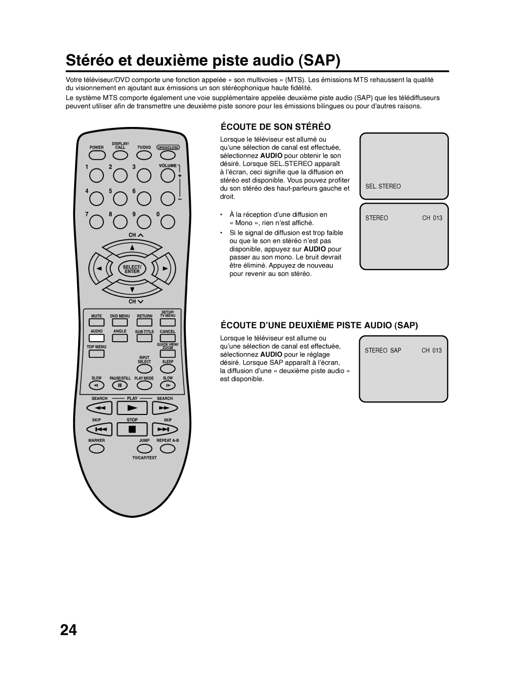 RCA 9V400TD manual Stéréo et deuxième piste audio SAP, Écoute DE SON Stéréo, Écoute D’UNE Deuxième Piste Audio SAP 