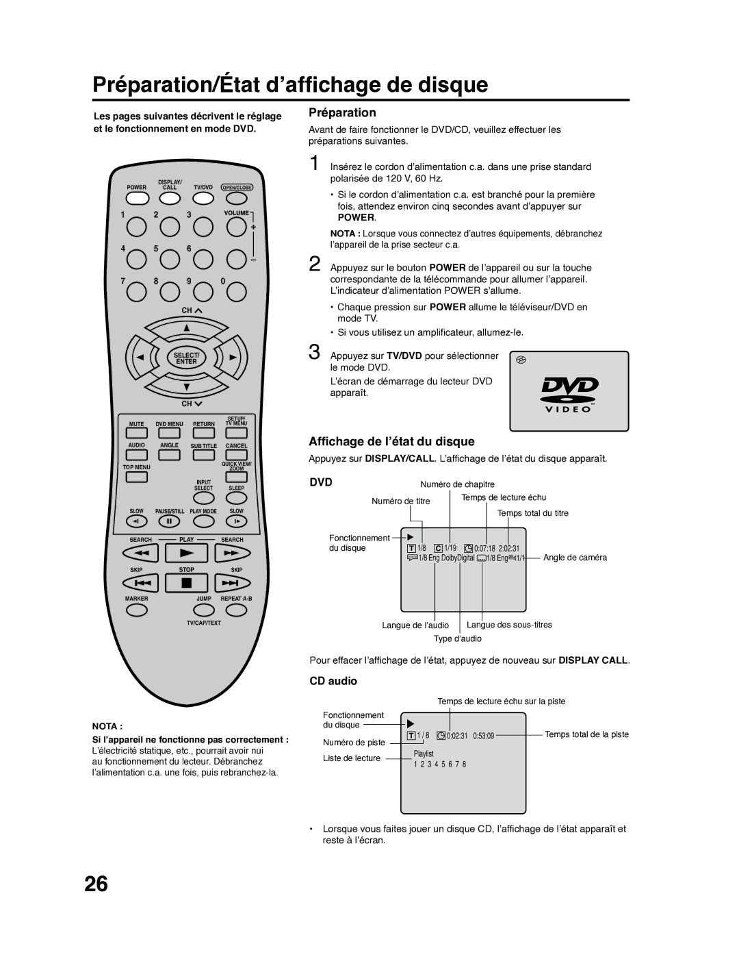 RCA 9V400TD manual Préparation/État d’affichage de disque, Affichage de l’état du disque, CD audio 