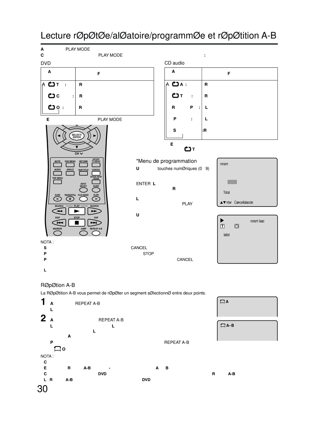 RCA 9V400TD manual Menu de programmation, Répétion A-B 