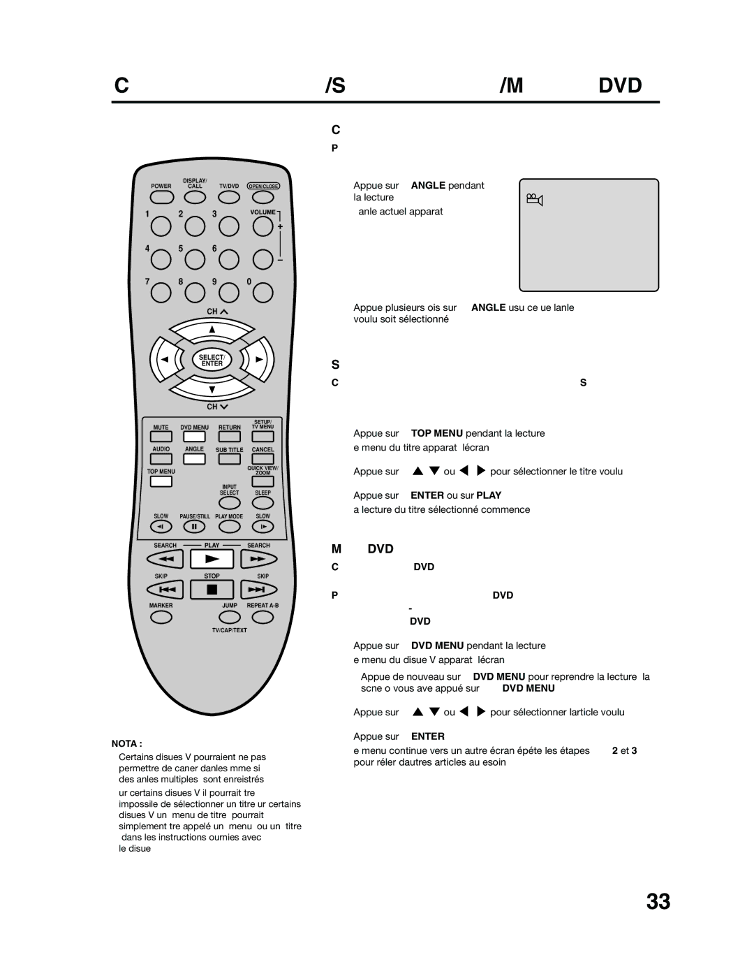 RCA 9V400TD manual Changement d’angle, Sélection de titre, Menu DVD 