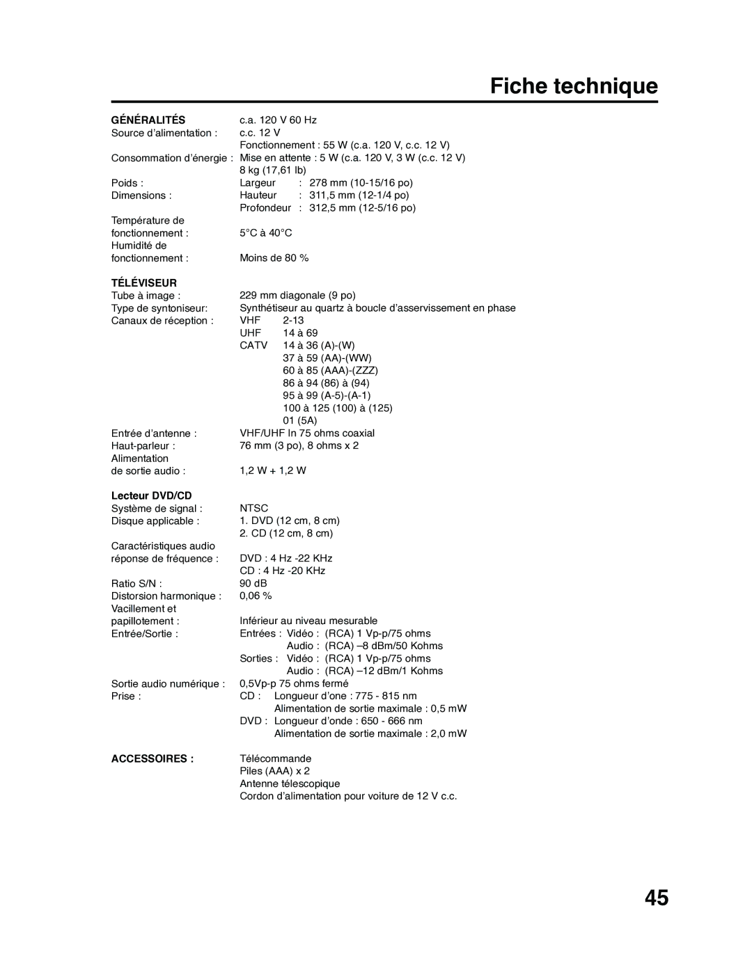 RCA 9V400TD manual Fiche technique, Lecteur DVD/CD 