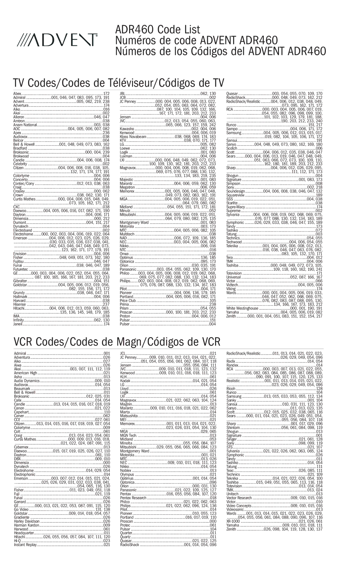 RCA ADR460 manual VCR Codes/Codes de Magn/Códigos de VCR, 003, 054, 055, 062, 109, 130 