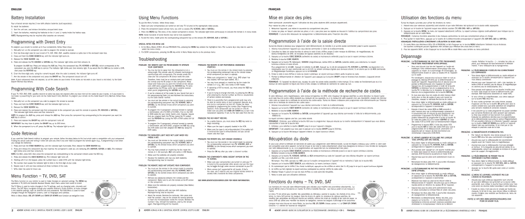 RCA ADR460 Battery Installation, Programming with Direct Entry, Using Menu Functions, Troubleshooting, Code Retrieval 