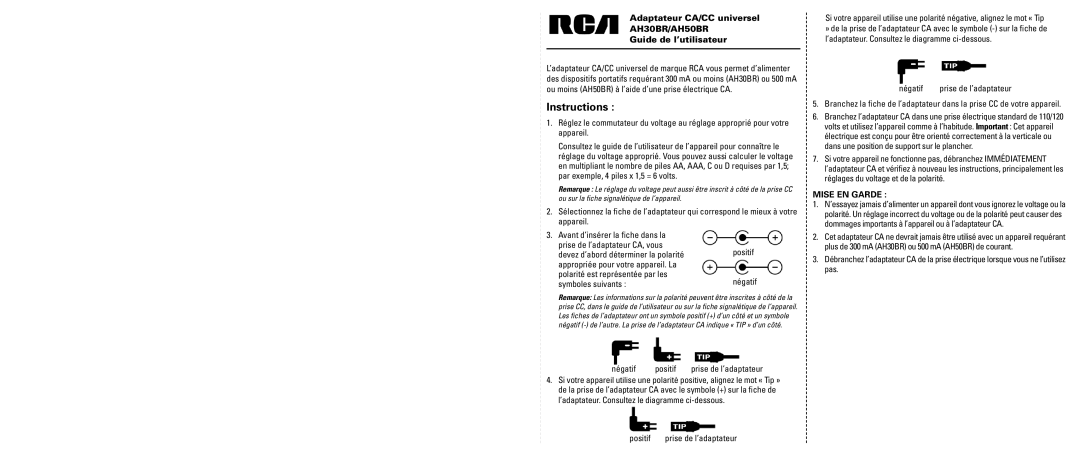 RCA user manual Instructions, Adaptateur CA/CC universel, AH30BR/AH50BR, Guide de l’utilisateur, Mise EN Garde 