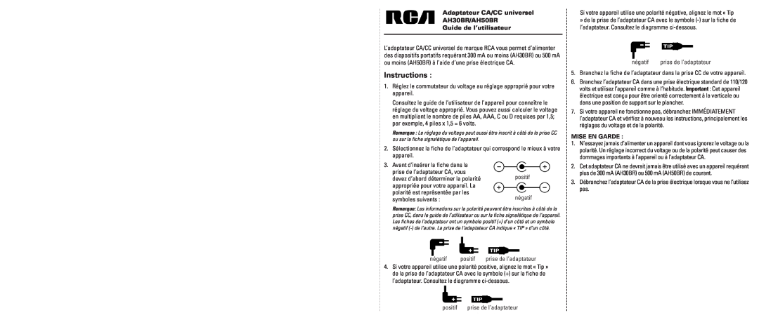 RCA user manual Instructions, Adaptateur CA/CC universel AH30BR/AH50BR Guide de l’utilisateur, Mise En Garde 