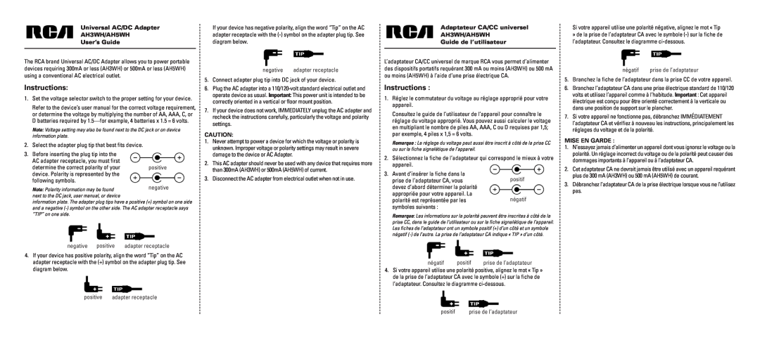 RCA user manual Universal AC/DC Adapter AH3WH/AH5WH User’s Guide, Mise En Garde, Instructions 