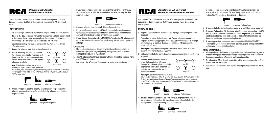 RCA user manual Universal AC Adapter AH56R User’s Guide, Adaptateur CA universel Guide de l’utilisateur du AH56R 