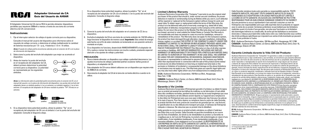 RCA user manual Adaptador Universal de CA Guía del Usuario de AH56R, Limited Lifetime Warranty, Garantie à Vie Limitée 