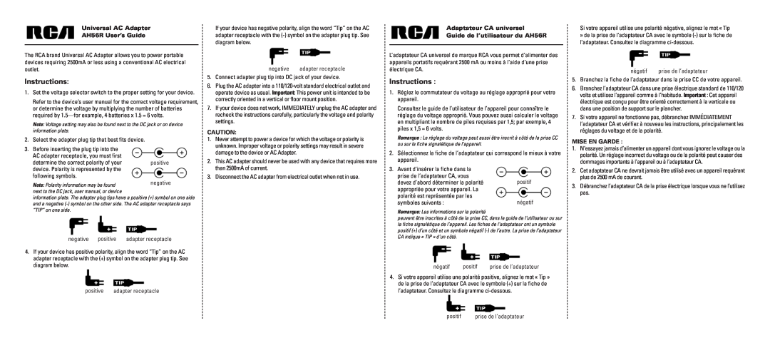 RCA user manual Universal AC Adapter AH56R User’s Guide, Adaptateur CA universel Guide de l’utilisateur du AH56R 