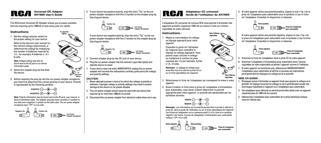 RCA user manual Instructions, Universal DC Adapter AH765R User’s Guide, Mise En Garde 