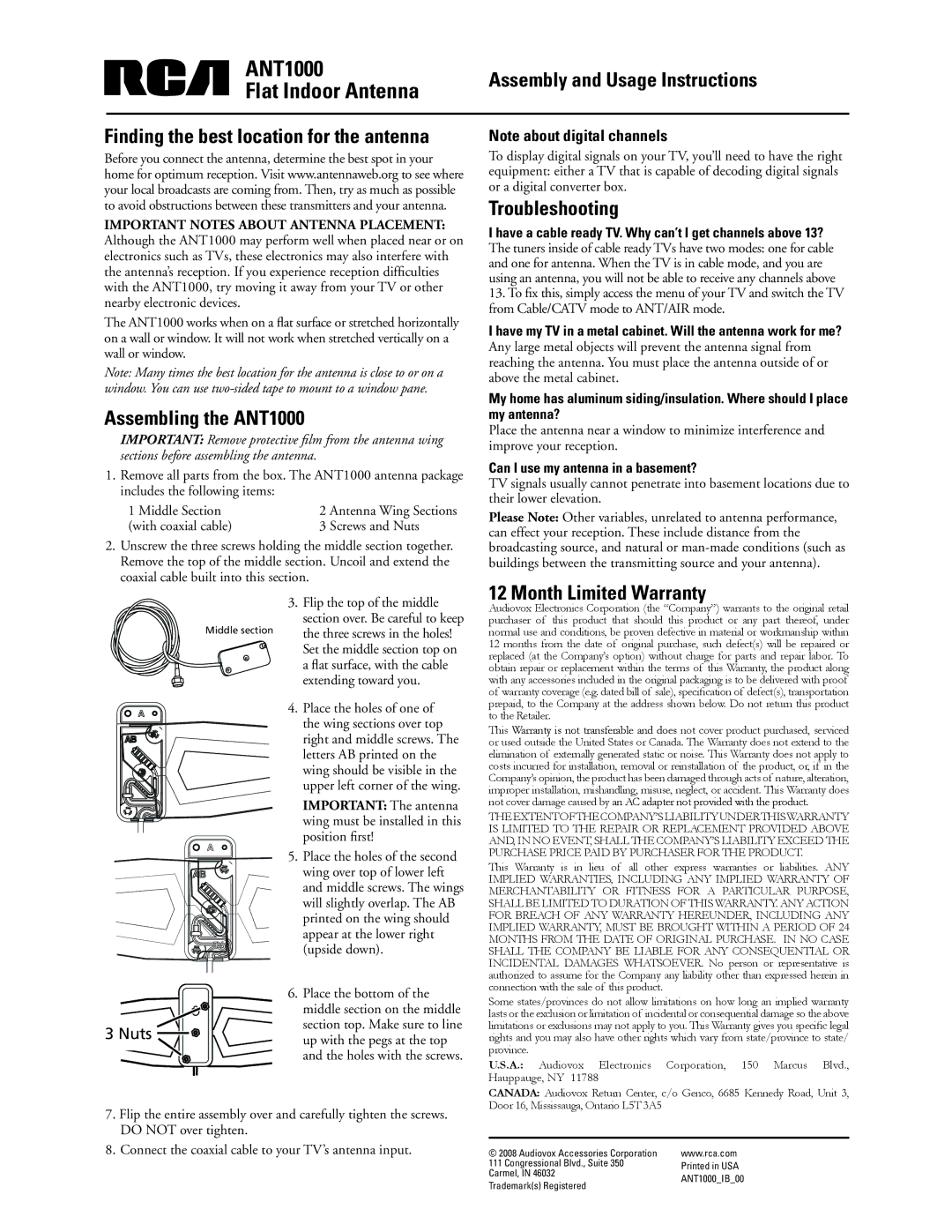 RCA warranty Finding the best location for the antenna, Assembling the ANT1000, Troubleshooting, Month Limited Warranty 