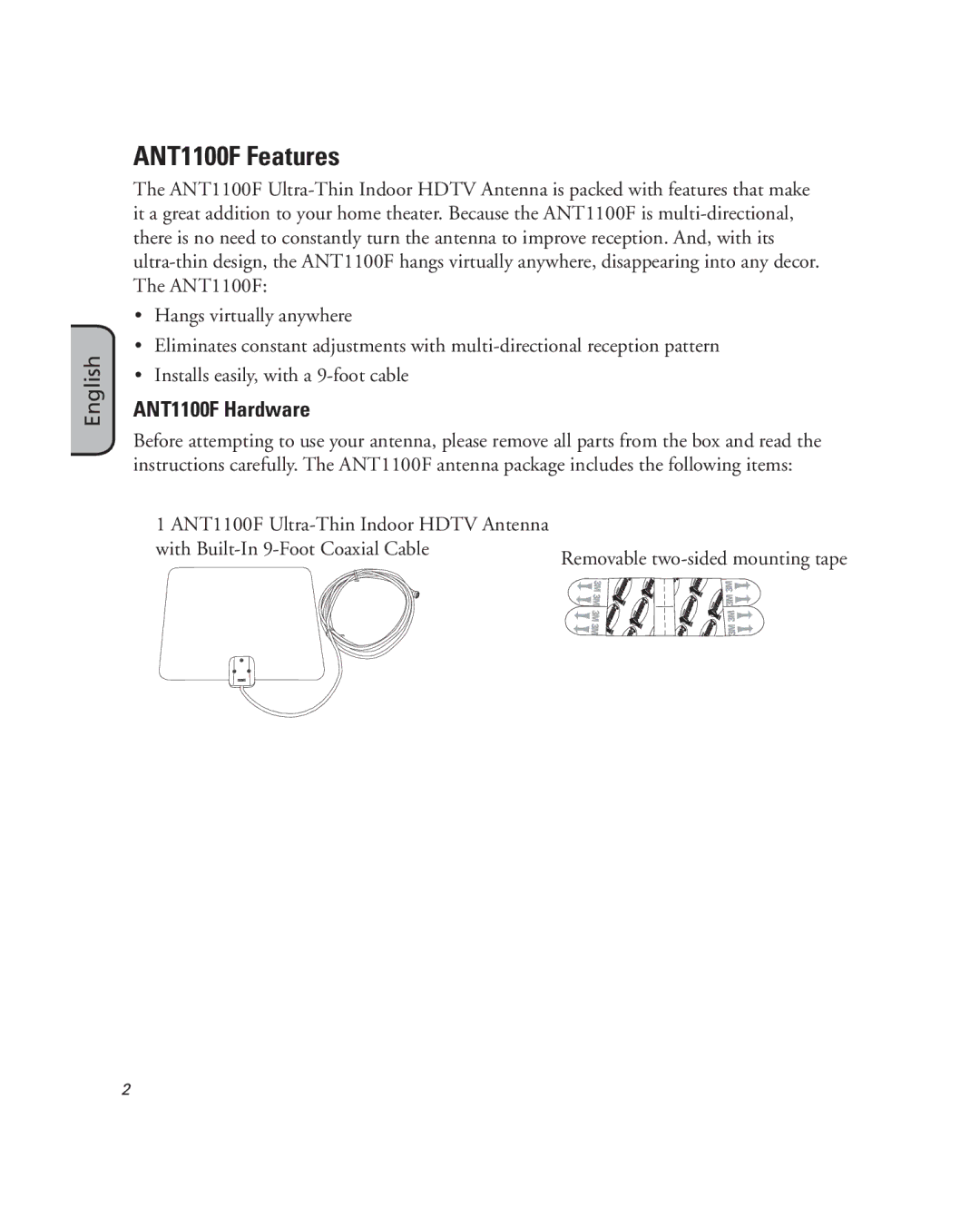 RCA manual ANT1100F Features, ANT1100F Hardware 