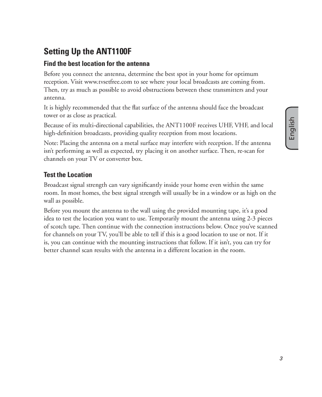 RCA manual Setting Up the ANT1100F, Find the best location for the antenna, Test the Location 