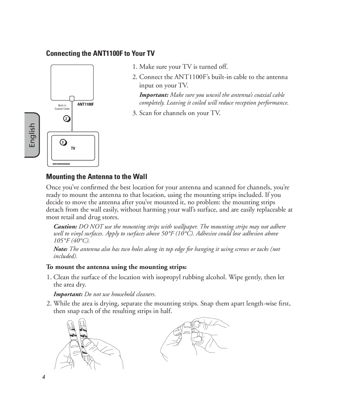 RCA manual Connecting the ANT1100F to Your TV, Mounting the Antenna to the Wall 