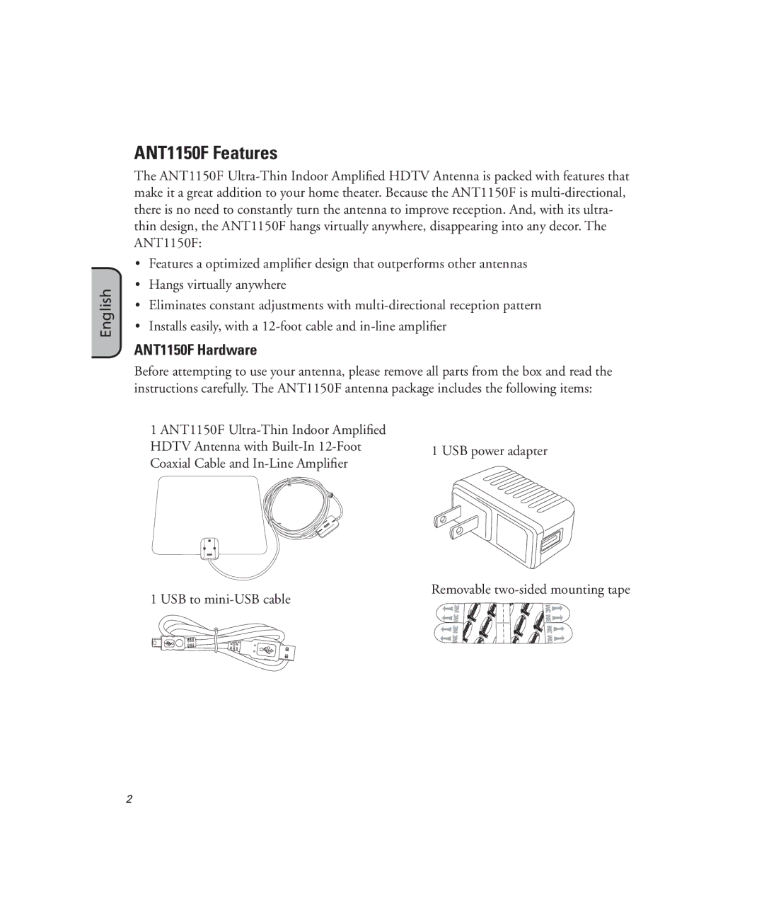 RCA manual ANT1150F Features, ANT1150F Hardware 