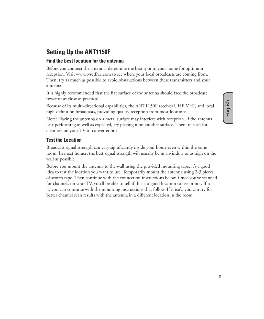 RCA manual Setting Up the ANT1150F, Find the best location for the antenna, Test the Location 