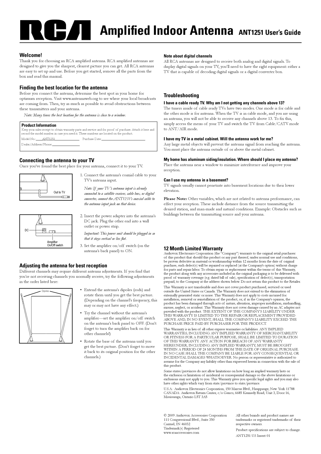 RCA ANT1251 warranty Welcome, Finding the best location for the antenna, Connecting the antenna to your TV 