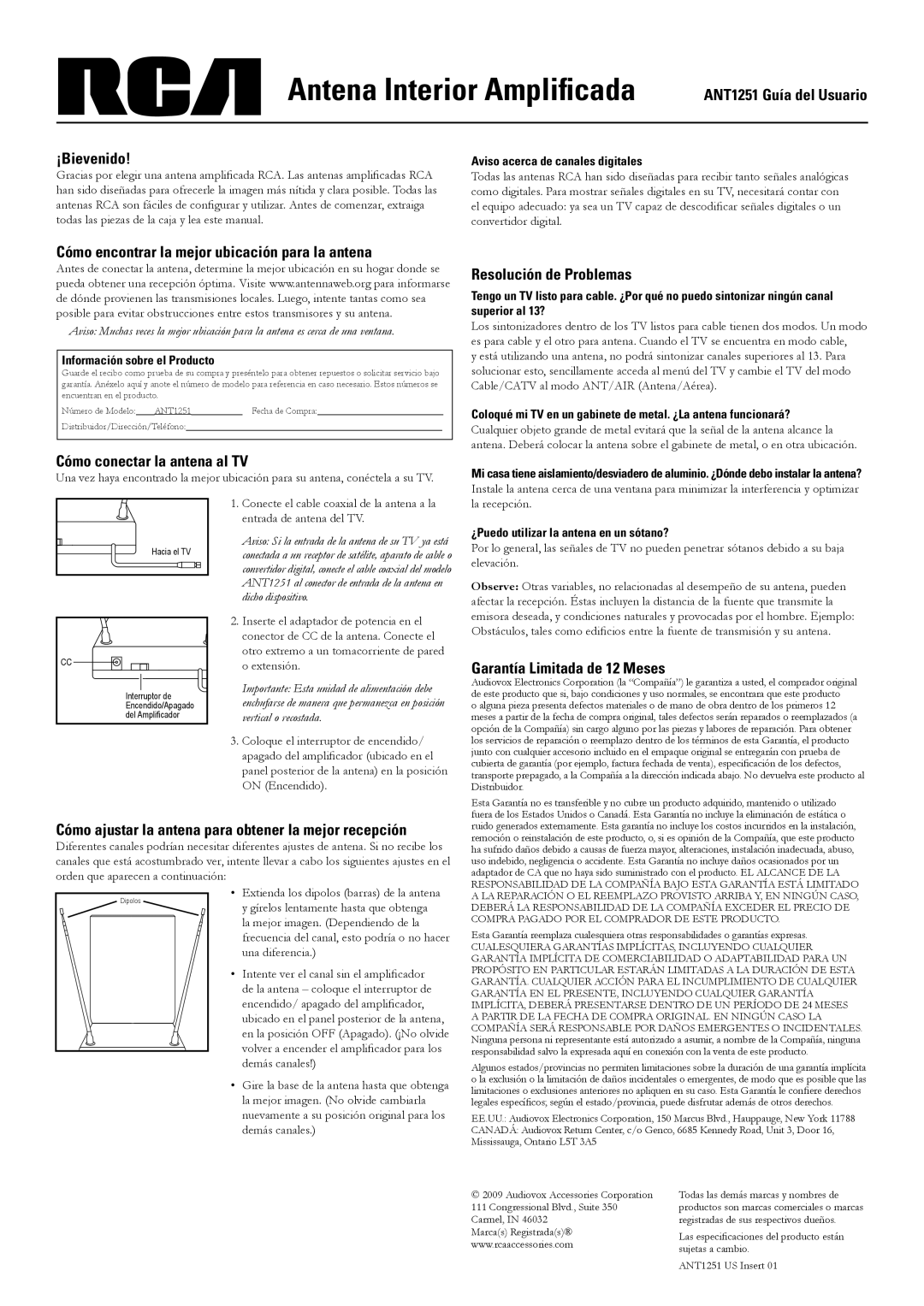 RCA ANT1251 Guía del Usuario ¡Bievenido, Cómo encontrar la mejor ubicación para la antena, Resolución de Problemas 