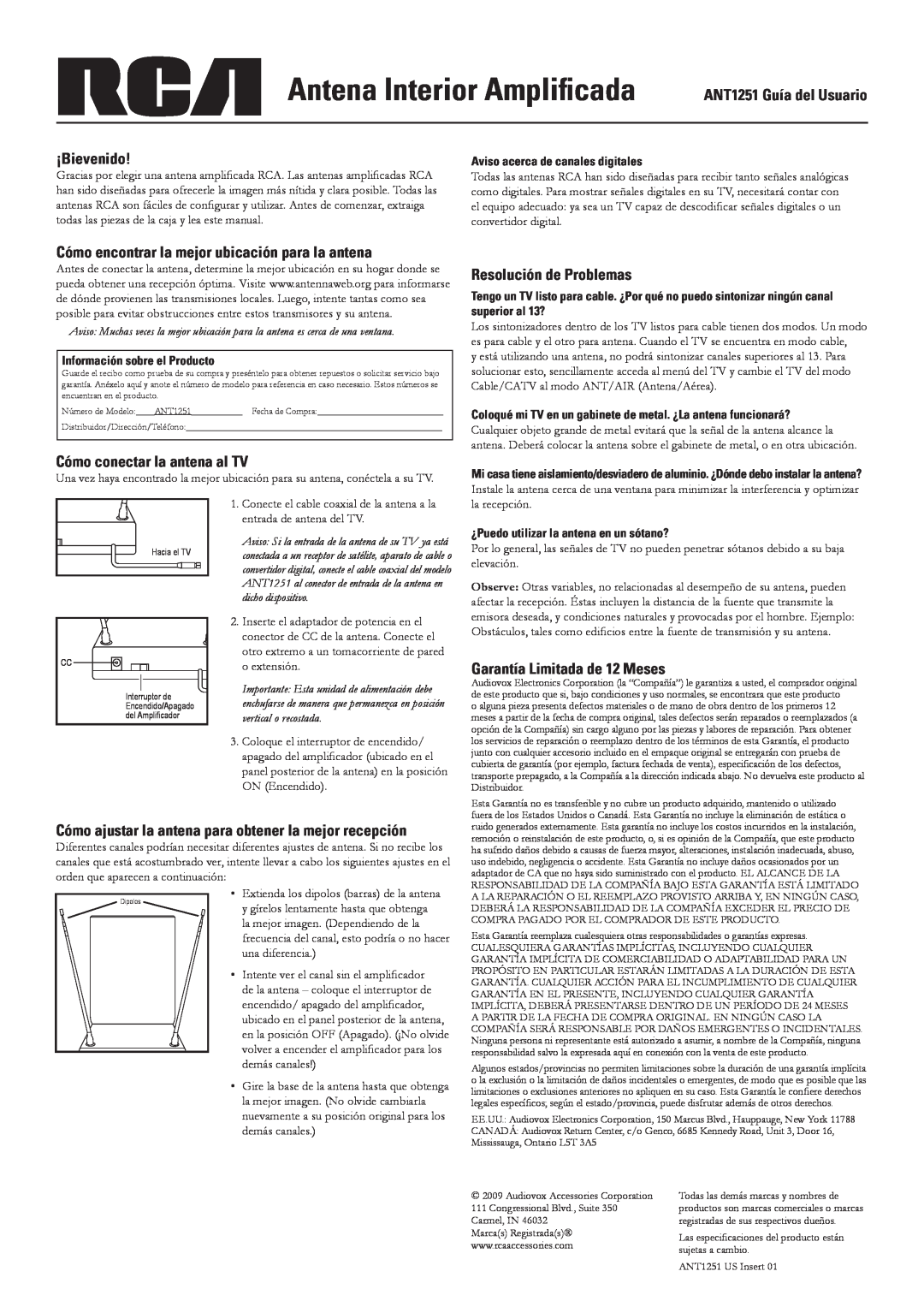 RCA ANT1251 Guía del Usuario, ¡Bievenido, Cómo encontrar la mejor ubicación para la antena, Resolución de Problemas 