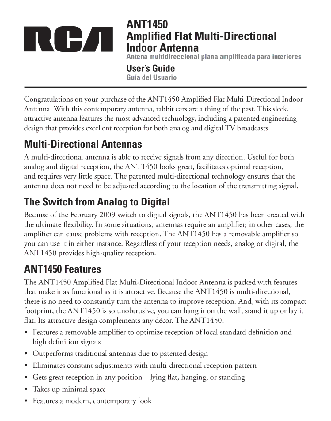 RCA manual Multi-Directional Antennas, Switch from Analog to Digital, ANT1450 Features 