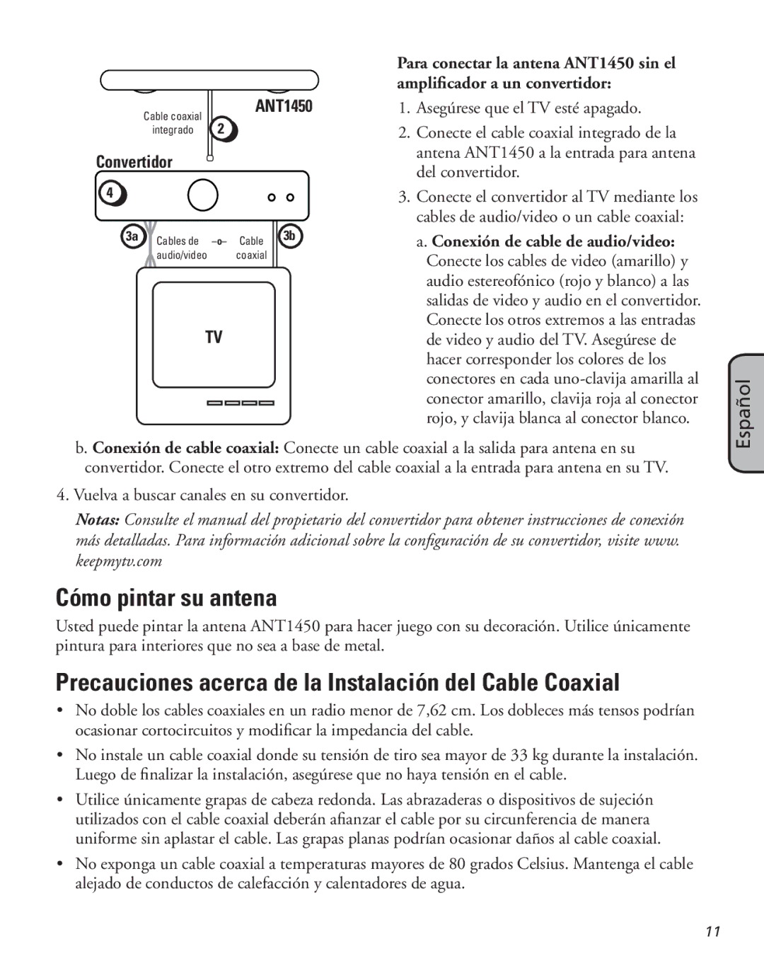 RCA ANT1450 manual Cómo pintar su antena, Precauciones acerca de la Instalación del Cable Coaxial 