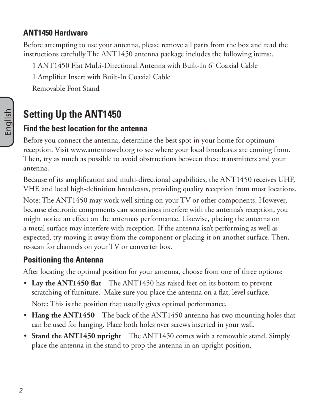 RCA manual Setting Up the ANT1450, ANT1450 Hardware, Find the best location for the antenna, Positioning the Antenna 