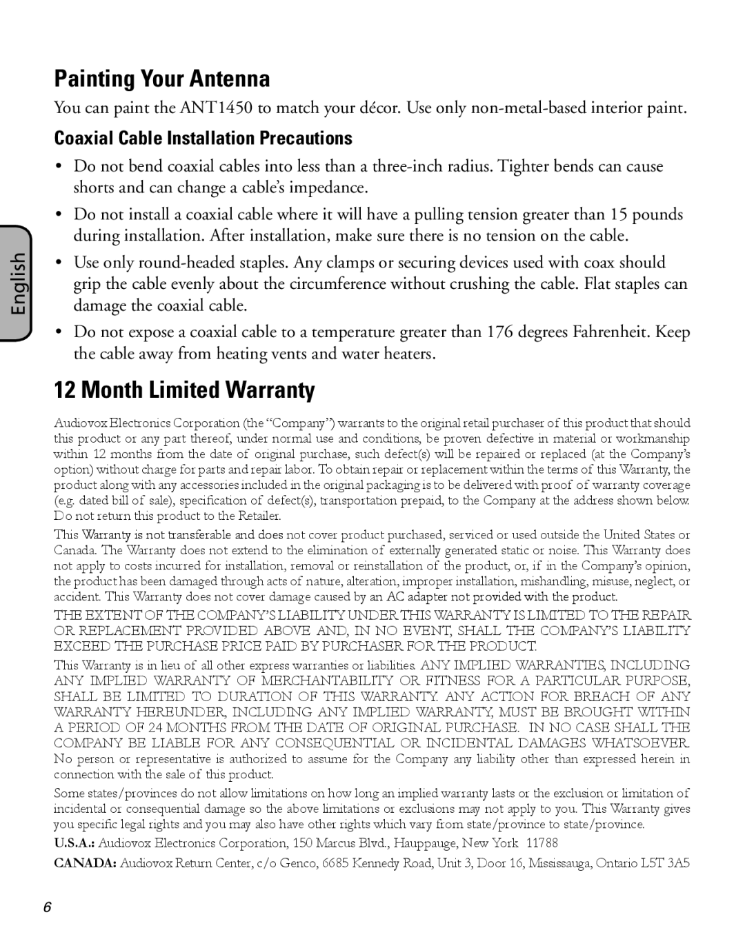 RCA ANT1450 manual Painting Your Antenna, Month Limited Warranty, Coaxial Cable Installation Precautions 