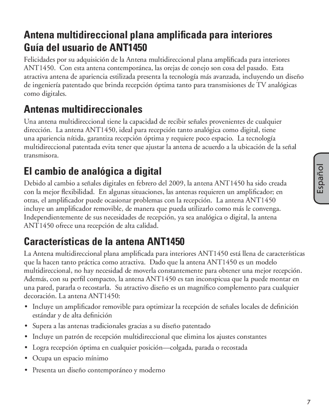 RCA manual Antenas multidireccionales, El cambio de analógica a digital, Características de la antena ANT1450 