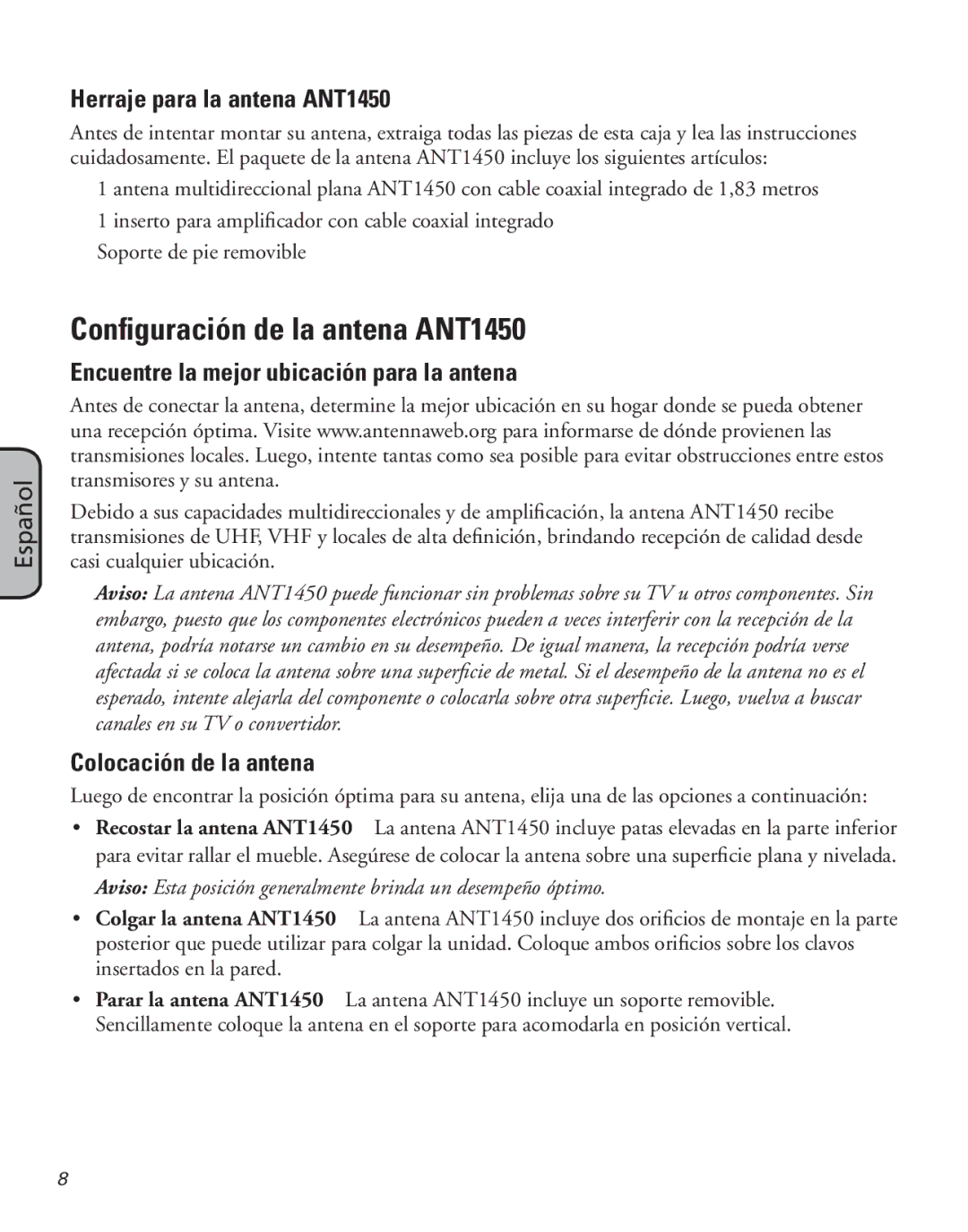 RCA Configuración de la antena ANT1450, Herraje para la antena ANT1450, Encuentre la mejor ubicación para la antena 