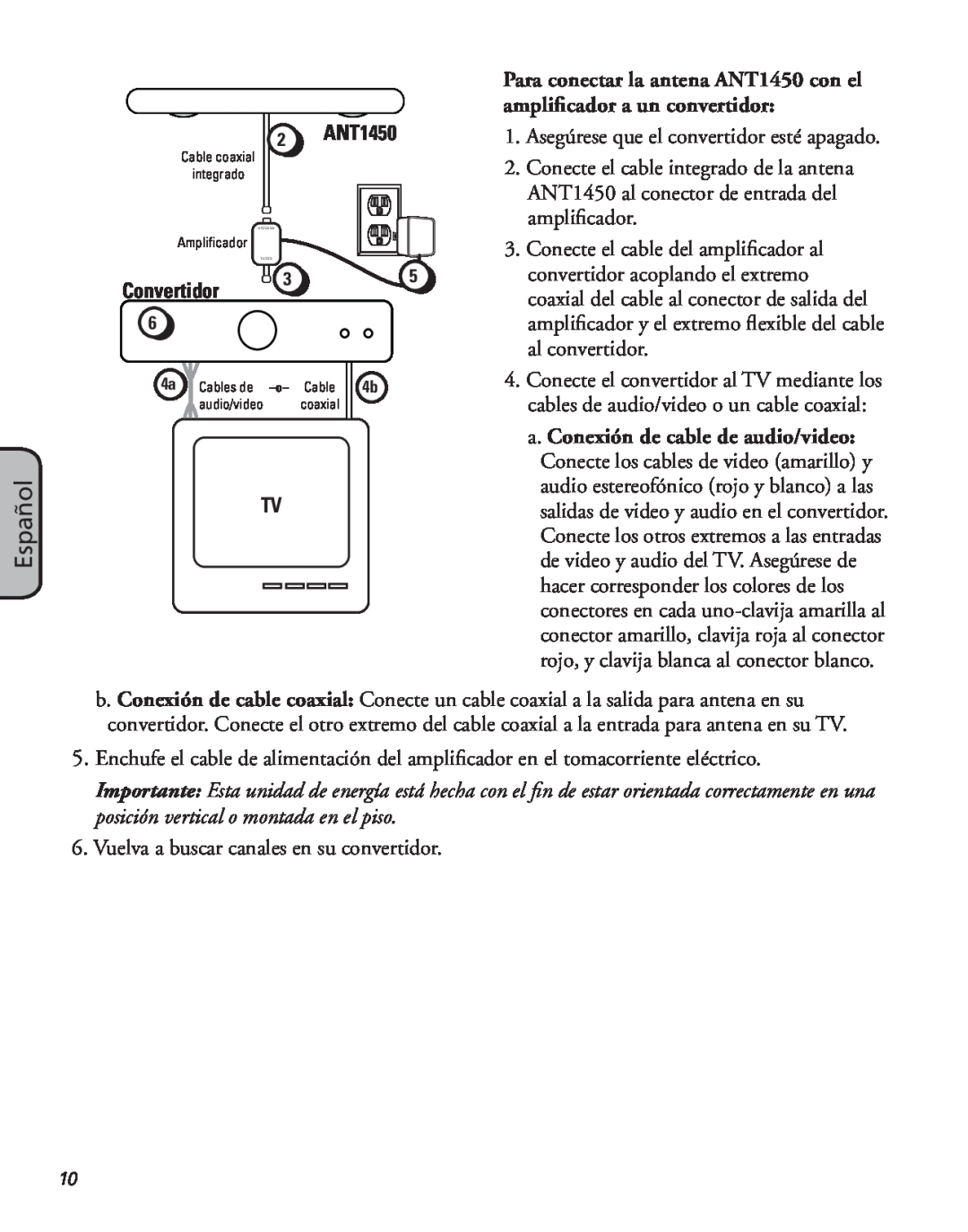 RCA manual Español, Convertidor, Para conectar la antena ANT1450 con el amplificador a un convertidor 