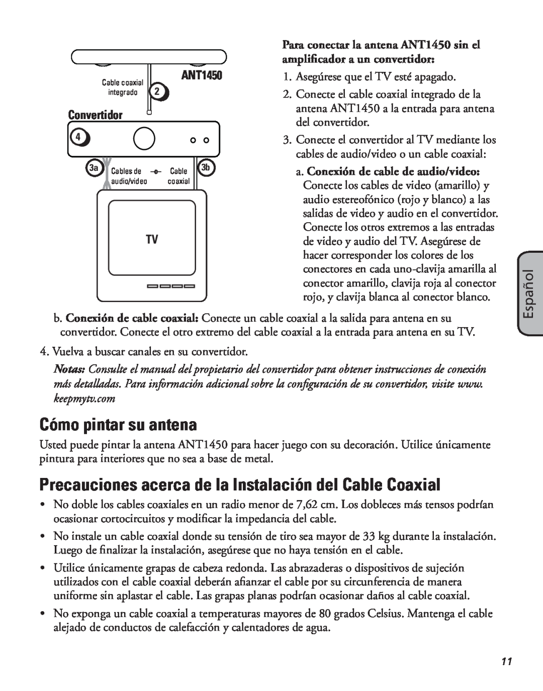 RCA ANT1450 manual Cómo pintar su antena, Precauciones acerca de la Instalación del Cable Coaxial, Español, Convertidor 