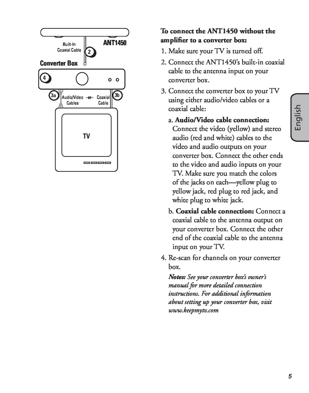 RCA manual To connect the ANT1450 without the amplifier to a converter box, Make sure your TV is turned off, English 