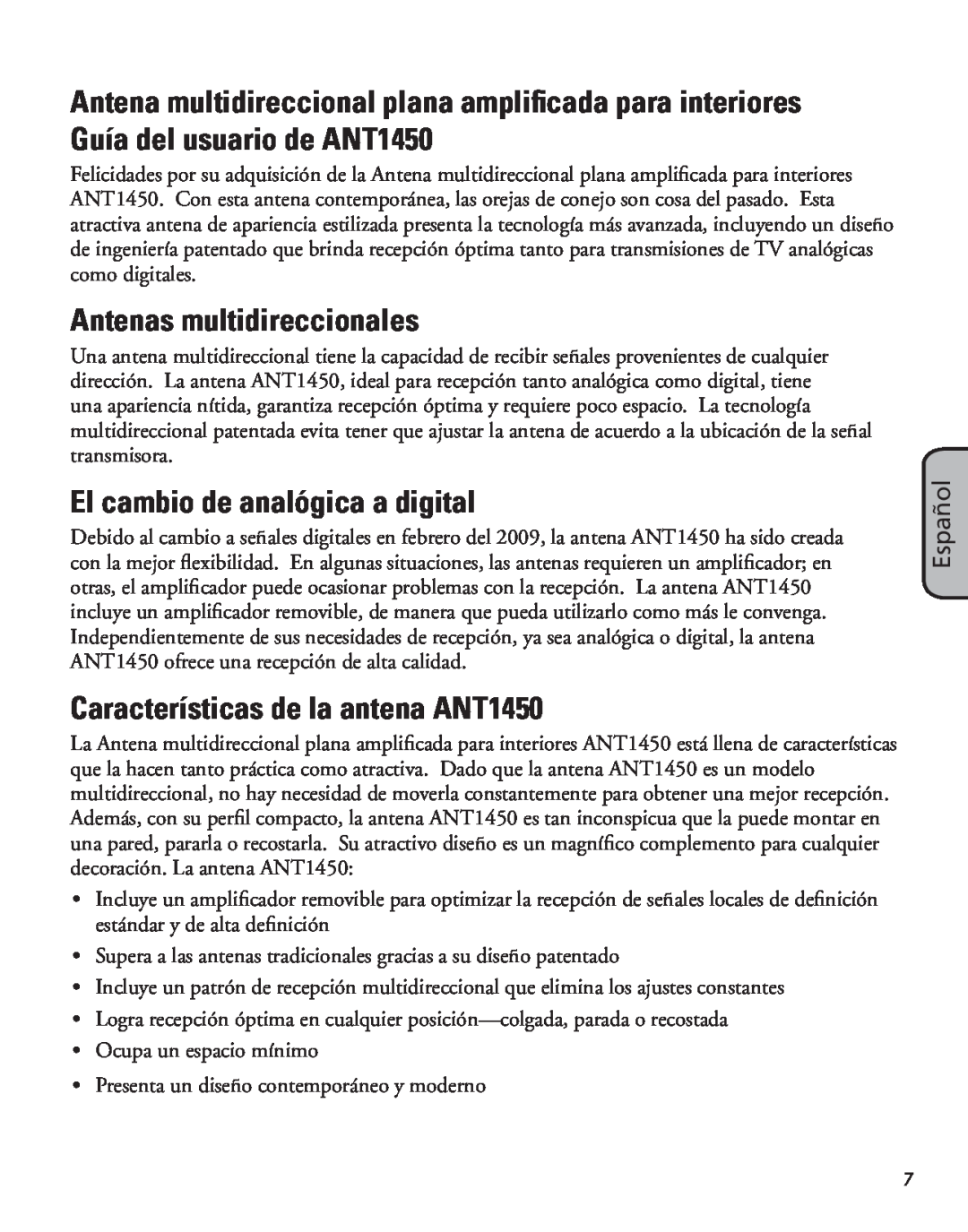 RCA manual Antenas multidireccionales, El cambio de analógica a digital, Características de la antena ANT1450, Español 